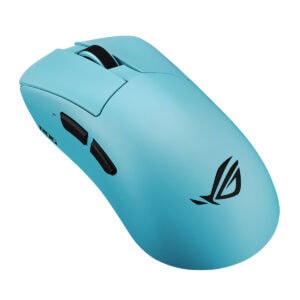 Aqua mavi renkli ASUS ROG Gladius IV gaming mouse, ergonomik tasarım ve yüksek hassasiyetli sensör ile dikkat çekiyor.