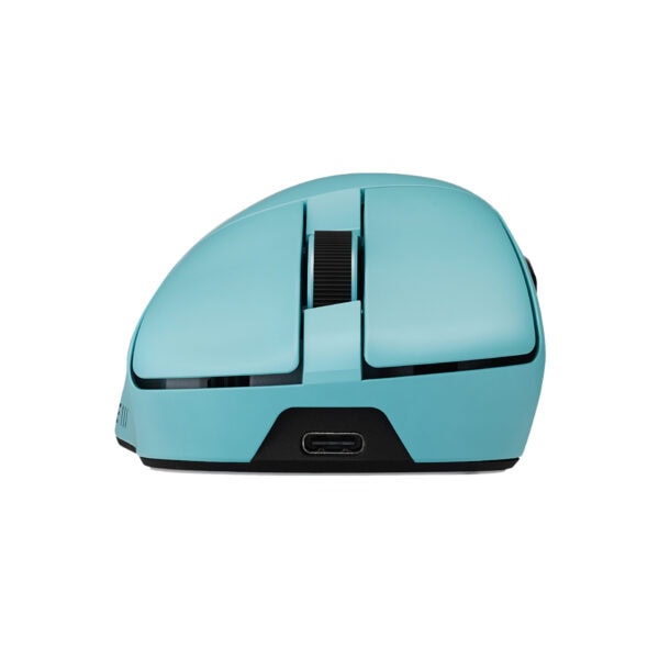 Aqua mavi renkli ASUS ROG Gladius IV kablosuz oyun faresi, ergonomik tasarım ve yüksek hassasiyetli sensör ile öne çıkıyor.