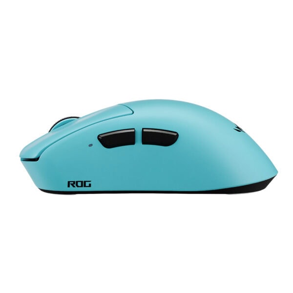ASUS ROG Gladius IV Aqua Blue kablosuz oyun faresi, ergonomik tasarım ve yüksek hassasiyetli sensör ile oyun performansını artırır.