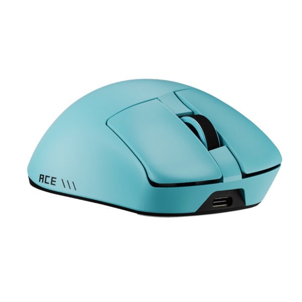 ASUS ROG Gladius IV Ace mavi kablosuz oyun faresi, ergonomik tasarım ve yüksek hassasiyetli sensör ile oyun performansını artırır.