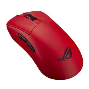 Kırmızı ASUS ROG Gladius IV Ace kablosuz oyun faresi, ergonomik tasarım ve yüksek hassasiyetli sensör ile oyun tutkunları için ideal.