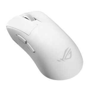 Beyaz ASUS ROG Gladius IV oyun faresi, ergonomik tasarım ve yüksek hassasiyetli sensör ile dikkat çekiyor.