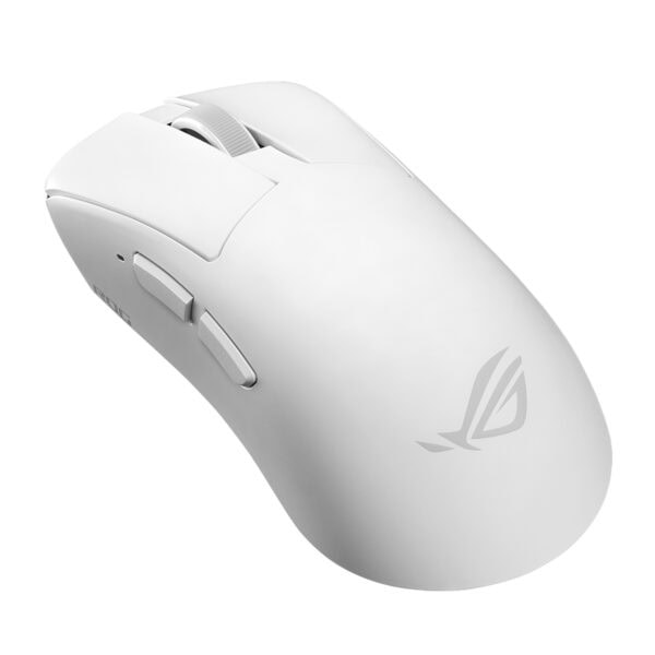 Beyaz ASUS ROG Gladius IV oyun faresi, ergonomik tasarım ve yüksek hassasiyetli sensör ile dikkat çekiyor.