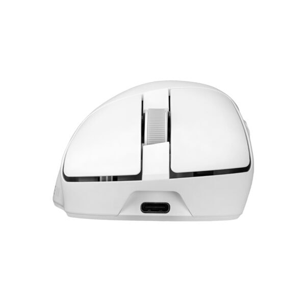 Beyaz ASUS ROG Gladius IV Ace kablosuz oyun faresi, ergonomik tasarım ve yüksek hassasiyetli sensör ile öne çıkıyor.