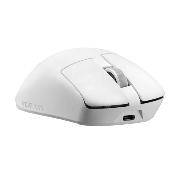 Beyaz ASUS ROG Gladius IV Ace kablosuz oyun faresi, ergonomik tasarım ve yüksek hassasiyetli sensör ile oyun performansını artırır.