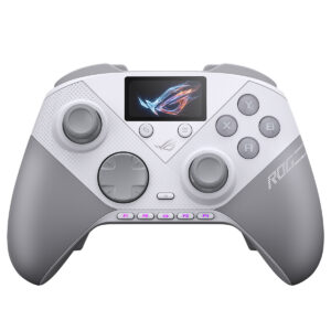 Beyaz renkli ASUS ROG Raikiri II Pro kablosuz oyun kumandası, 8K Hz hotswap TMR joystick ve ergonomik tasarım ile dikkat çekiyor.