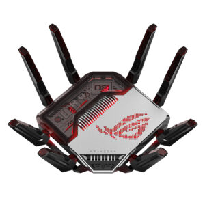 ASUS ROG Rapture GT-BN98 oyun ve yüksek performanslı WiFi router, 8 AiMesh bağlantı noktası ve gelişmiş ağ özellikleri ile dikkat çekiyor.