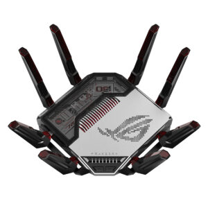 ASUS ROG Rapture GT-BN98 oyun ve yüksek performanslı WiFi router, 8 AiMesh bağlantı noktası ve güçlü tasarımıyla dikkat çekiyor.