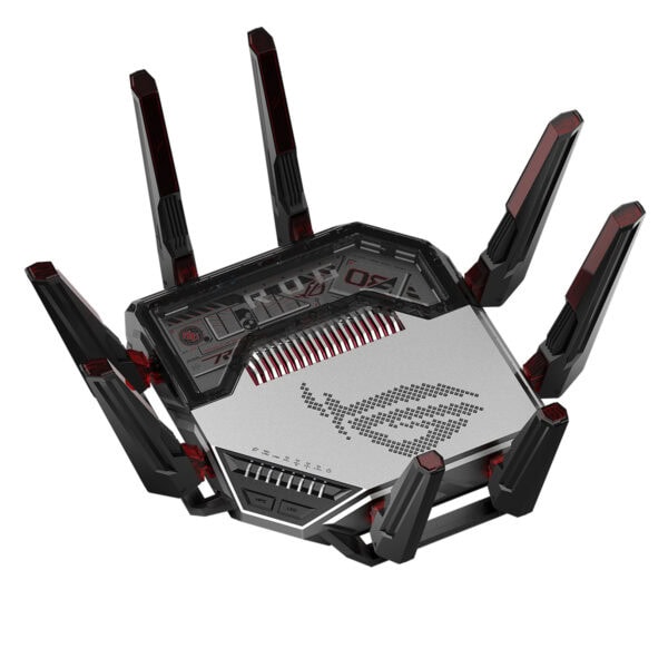 ASUS ROG Rapture GT-BN98 yüksek performanslı oyun router'ı, 8 AiMesh WiFi bağlantısı ve gelişmiş ağ özellikleri ile oyun ve yüksek hızlı internet için ideal.