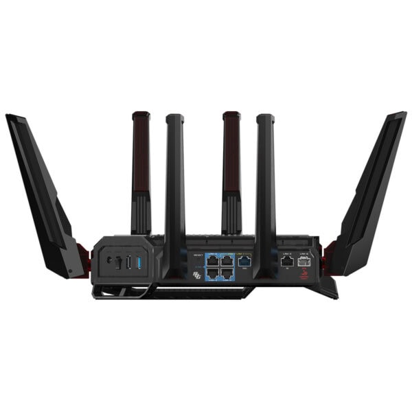 ASUS ROG Rapture GT-BN98 dört bantlı WiFi 8 AiMesh oyun yönlendiricisi, yüksek performans ve stabil bağlantı sağlar.