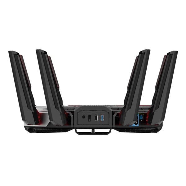 ASUS ROG Rapture GT-BN98 dört bantlı WiFi 8 AiMesh oyun yönlendiricisi, yüksek performans ve gelişmiş bağlantı özellikleri ile dikkat çekiyor.