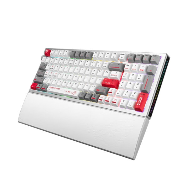 ASUS ROG Strix Morph 96 kablosuz gaming klavye, RGB aydınlatmalı, hotswap switch özellikleriyle öne çıkan beyaz ve kırmızı detaylara sahip mekanik klavye.