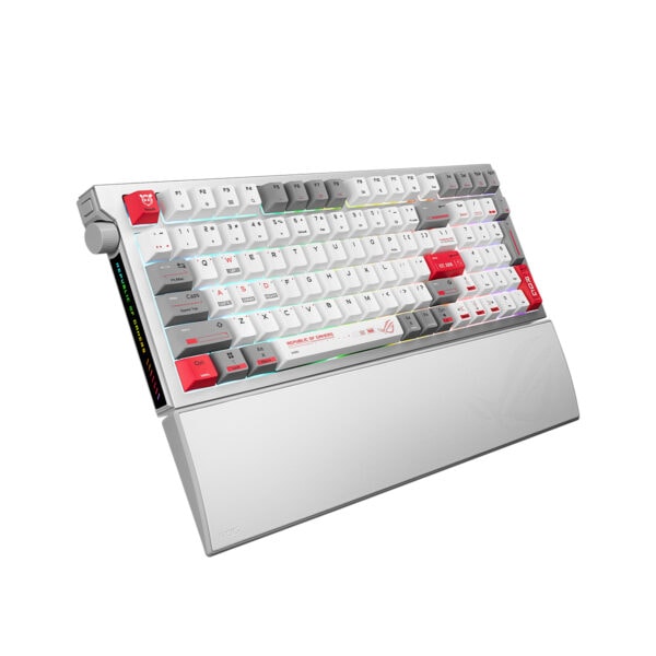 Beyaz ASUS ROG Strix Morph 96 kablosuz gaming klavye, RGB aydınlatmalı, hotswap switch özellikleriyle dikkat çekiyor.