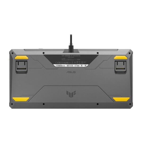 ASUS TUF Gaming K4 manyetik switch ve RGB aydınlatmalı oyun klavyesinin arka görünümü, dayanıklı tasarım ve yüksek performans özellikleriyle dikkat çekiyor.