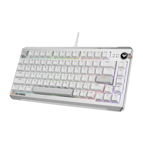 ASUS TUF Gaming K4 Beyaz manyetik switch ve RGB aydınlatmalı oyun klavyesi, hall effect teknolojisi ve hotswap özellikleriyle dikkat çekiyor.