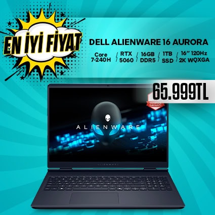 Dell Alienware 16 Aurora dizüstü bilgisayar, güçlü Core i7-2400H işlemci, RTX 5060 grafik kartı, 16GB RAM, 1TB SSD depolama ve 16" 120Hz ekran ile yüksek performans sağlar.