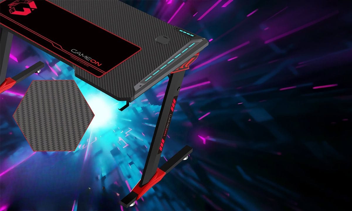 GAMEON Raptor II RGB aydınlatmalı siyah oyuncu masası, modern tasarım ve RGB ışıklandırma ile oyun deneyimini artırır.