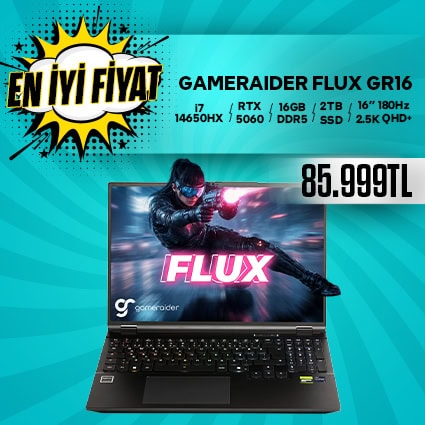 GAMER AİDER Flux GR16 dizüstü bilgisayar, yüksek performanslı oyun deneyimi için i7 işlemci, RTX 5060 grafik kartı ve 16GB RAM ile donatılmış, 2TB SSD depolama alanı ve 16" 1080p ekran.