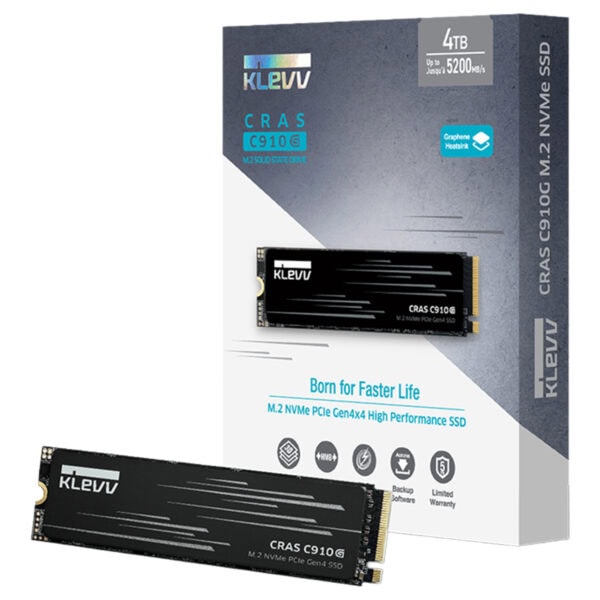 KLEVV CRAS 910G 1TB NVMe PCIe Gen4 x4 SSD, yüksek performanslı M.2 SSD, 5000MB okuma ve 4800MB yazma hızlarıyla.