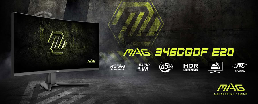 MSI MAG 346CQDF E20 34 inç kavisli gaming monitör, 400Hz yenileme hızı, UWQHD çözünürlük, FreeSync Premium, Rapid VA panel, şık tasarım.