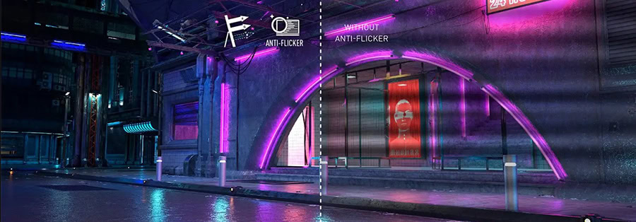 Geceleri neon ışıklar ve yansımalara sahip modern şehir ortamı, canlı renkler ve teknolojik atmosfer ile dikkat çekiyor.