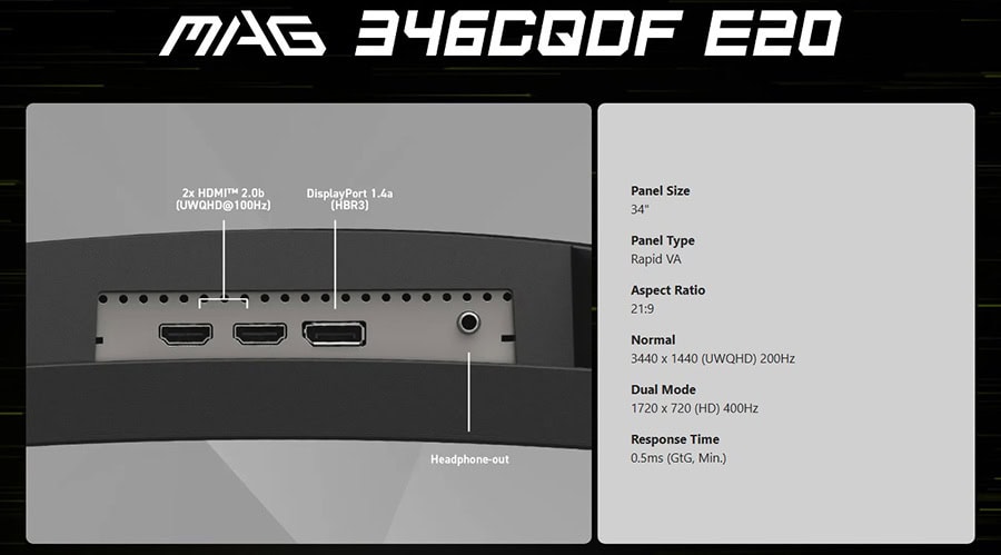 MSI MAG 346CQDF E20 34 inç 400Hz HD ve UWQHD Dual-Mode Gaming Monitör detayları, hızlı tepki süresi ve geniş ekran özellikleriyle dikkat çekiyor.