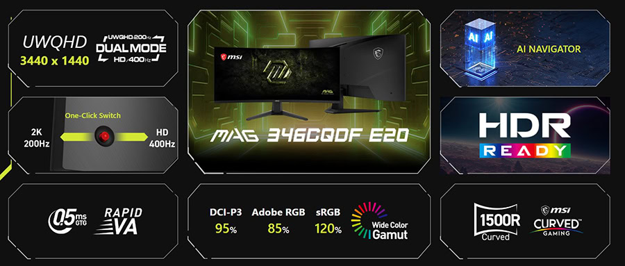MSI MAG 346CQDF E20 34 inç 400Hz HD ve 200Hz UWQHD Dual-Mode kavisli oyun monitörü, 0.5ms tepki süresi, FreeSync Premium, HDR Ready ve AI Navigator özellikleriyle.