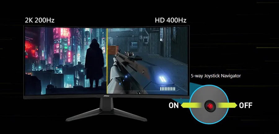 MSI MAG 346CQDF E20 34 inç 400Hz HD ve 200Hz UWQHD Dual-Mode kavisli gaming monitör, 0.5ms tepki süresi, FreeSync Premium ve Rapid VA panel özellikleriyle.