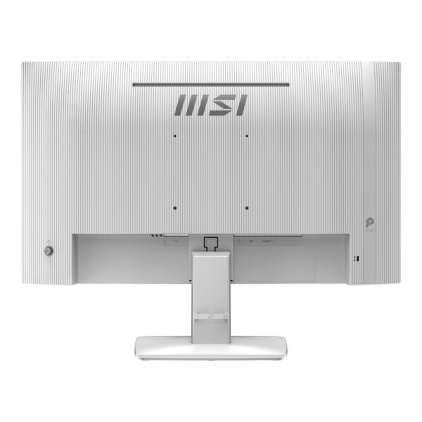 MSI PRO MP243W 23.8 inç Full HD IPS monitörün arka görünümü, beyaz renk ve şık tasarım detaylarıyla.