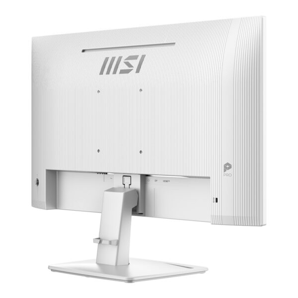 MSI PRO MP243W 23.8 inç beyaz monitör, arka görünüm, ergonomik stand ve Full HD IPS ekran özellikleriyle yüksek performans sağlar.