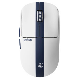 Pulsar X2 Crazylight Bruce Lee 85th Edition kablosuz gaming mouse, beyaz ve mavi renkli, ergonomik tasarım, yüksek hassasiyetli sensör, oyun ve profesyonel kullanım için ideal.