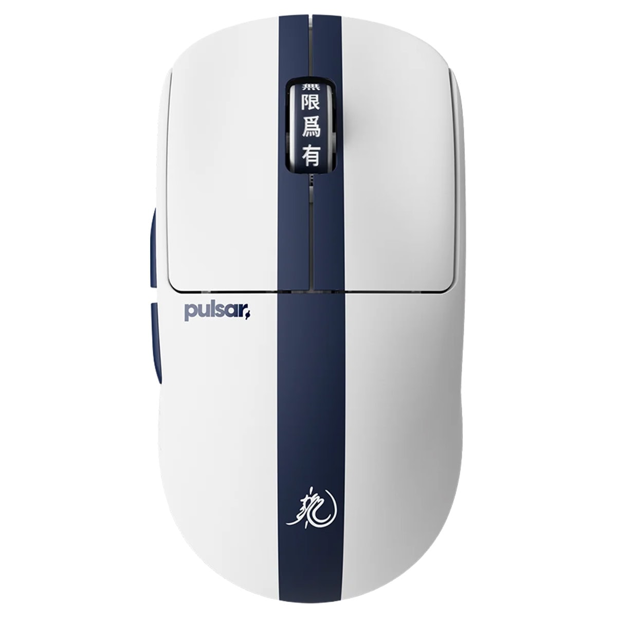 Pulsar X2 Crazylight Bruce Lee 85th Edition kablosuz gaming mouse, beyaz ve mavi renkli, ergonomik tasarım, yüksek hassasiyetli sensör, oyun ve profesyonel kullanım için ideal.