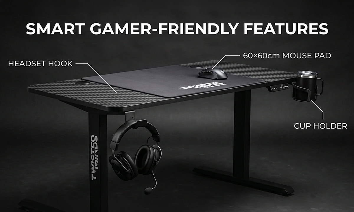 Oyuncu masası, yüksekliği ayarlanabilir, siyah renkli, 60x60cm mouse pad, kulp tutucu ve headset askısı ile donatılmış.