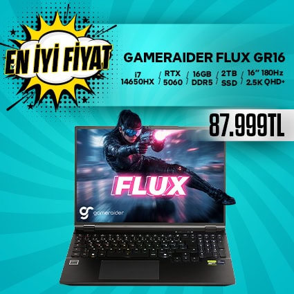GAMER AİDER Flux GR16 dizüstü bilgisayar, yüksek performanslı oyun deneyimi için i7 işlemci, RTX 5060 grafik kartı ve 16GB RAM ile donatılmış, 2TB SSD depolama alanı ve 16" 1080p ekran.