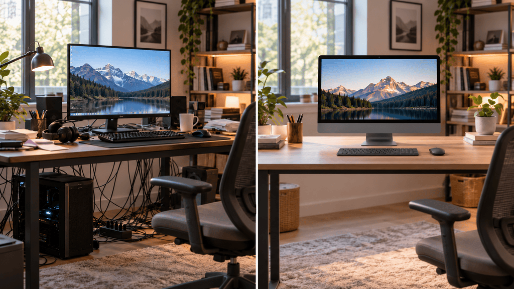 İki adet all-in-one PC kurulu çalışma masası, arka planda ağaçlı pencereler ve ev ofisi dekorasyonu, temiz ve modern çalışma ortamı.