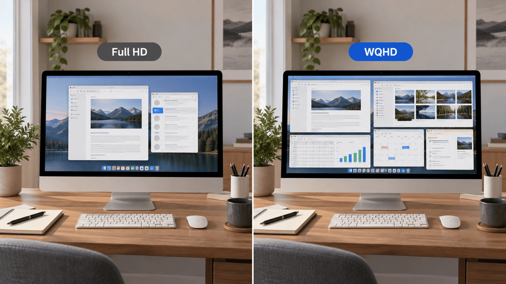 Full HD ve WQHD ekranlı All-in-One PC’nin masa üstünde çalışma ortamında sergilenmesi; temiz masa, bitki ve sehpa detaylarıyla profesyonel kullanım için görsel.