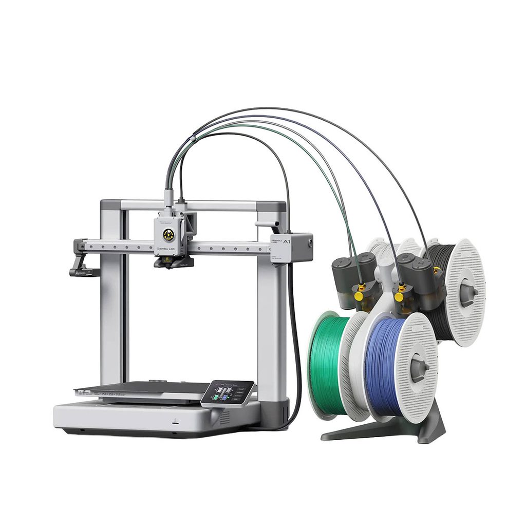 Bambu Lab A1 kompakt masaüstü 3D yazıcı ile çok renkli baskı için AMS Lite modu ve filament makaraları görselde.