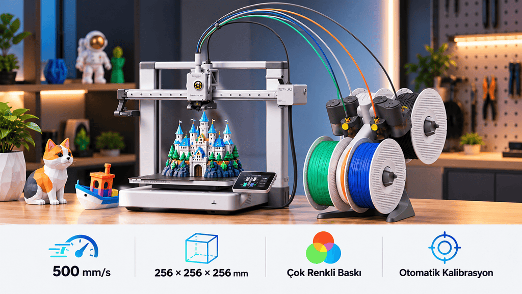 Bambu Lab A1 Kombo 3D yazıcıyla çok renkli baskı; 3 adet filament rulosu ve baskı hacmi 256 x 256 x 256 mm detayları.