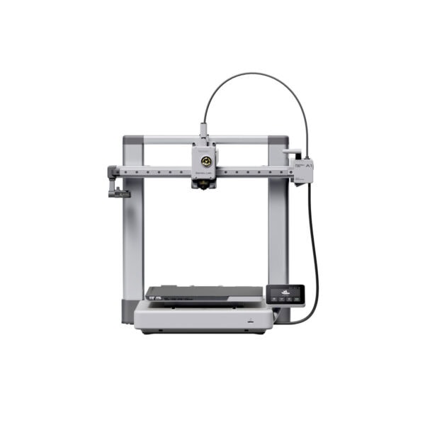 Bambu Lab A1 Combo AMS Lite 500mm/s çok renkli 3D yazıcı, açık gri çerçeve ve merkezi yazıcı kafasıyla profesyonel masaüstü 3D yazıcı.