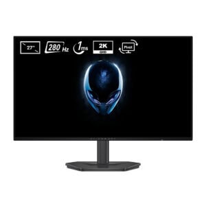 Dell Alienware oyun monitörü 27 inç 280 Hz 1 ms 2K QHD IPS Pivot özellikli ekranla siyah arka plan üzerinde Alienware ikonu.