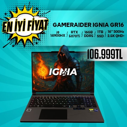 Ignia GR16 oyun laptopu, RTX 5070, 16GB RAM, 1TB SSD, 16" 300Hz ekran ve 2.5K QHD çözünürlük ile yüksek performans sağlar.