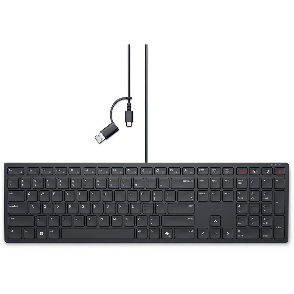 Düz siyah kablosuz klavye ve USB arayüzüyle birlikte masa üzerinde görsel.