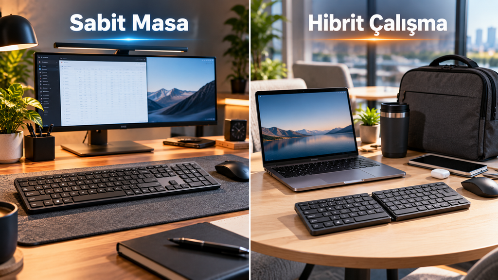 Sabit masa ve ergonomik klavye seti ile ofis çalışma alanı; bilgisayar ekranı, klavye ve mouse düzeniyle modern ofis görünümü.