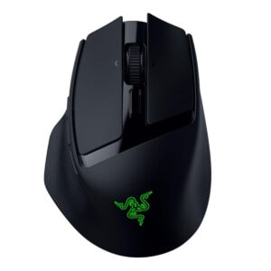 Razer marka kablosuz oyun faresi, siyah renkli, 18K Hz hızlı Optik sensör ve rahat ergonomik tasarım; üstteki tıklama yüzeyleri ve yeşil Razer logosu belirgin.
