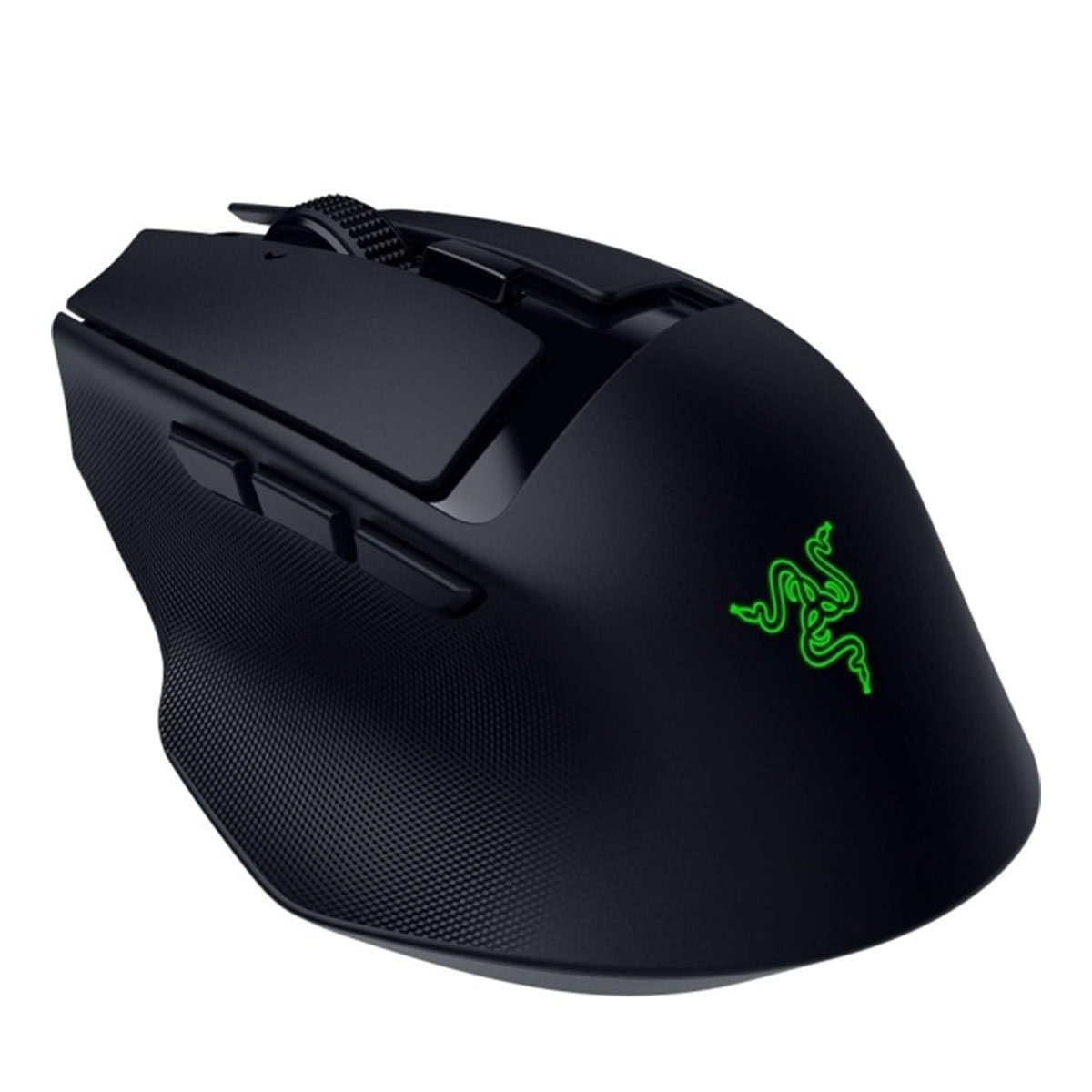 Razer markalı siyah kablosuz oyun faresi, ergonomik tasarım, yeşil Razer logosu ve çok Tuşlu özellikler görünümde öne çıkıyor.